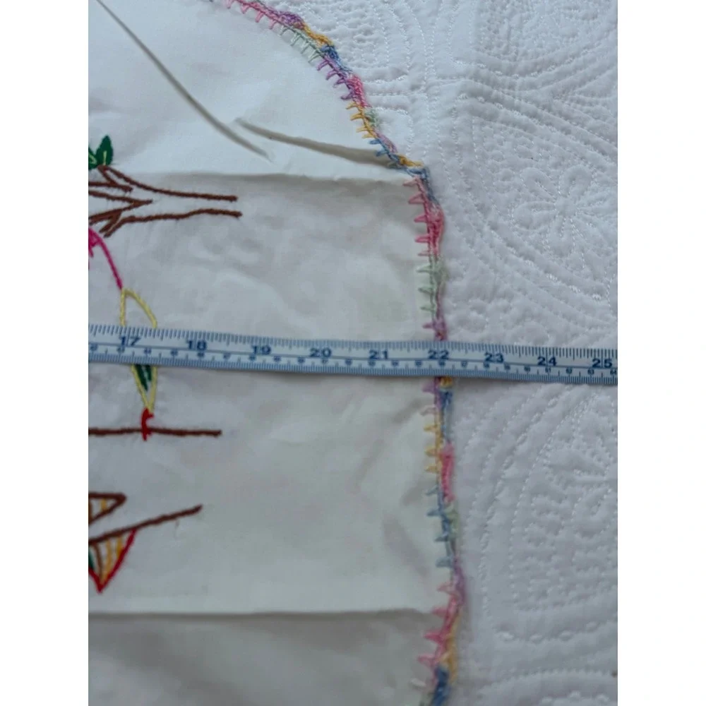Vintage Hand Embroidered Parakeet Doily DresserScarf Crocheted Edge Cottagecore‎